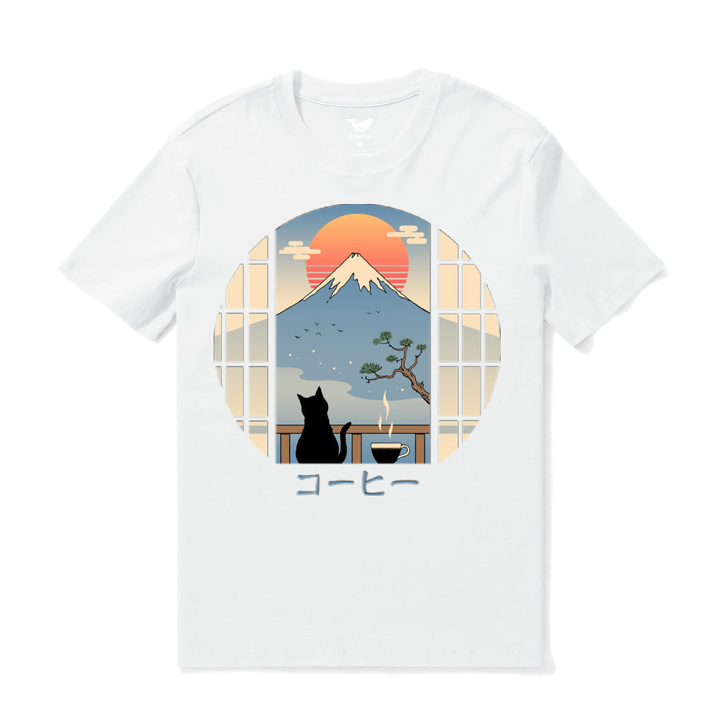 Hawaiian Tee For Men Coffee Cat in MT. FUJI Tee Crew Neck 100% Cotton - WHITE By Shawn