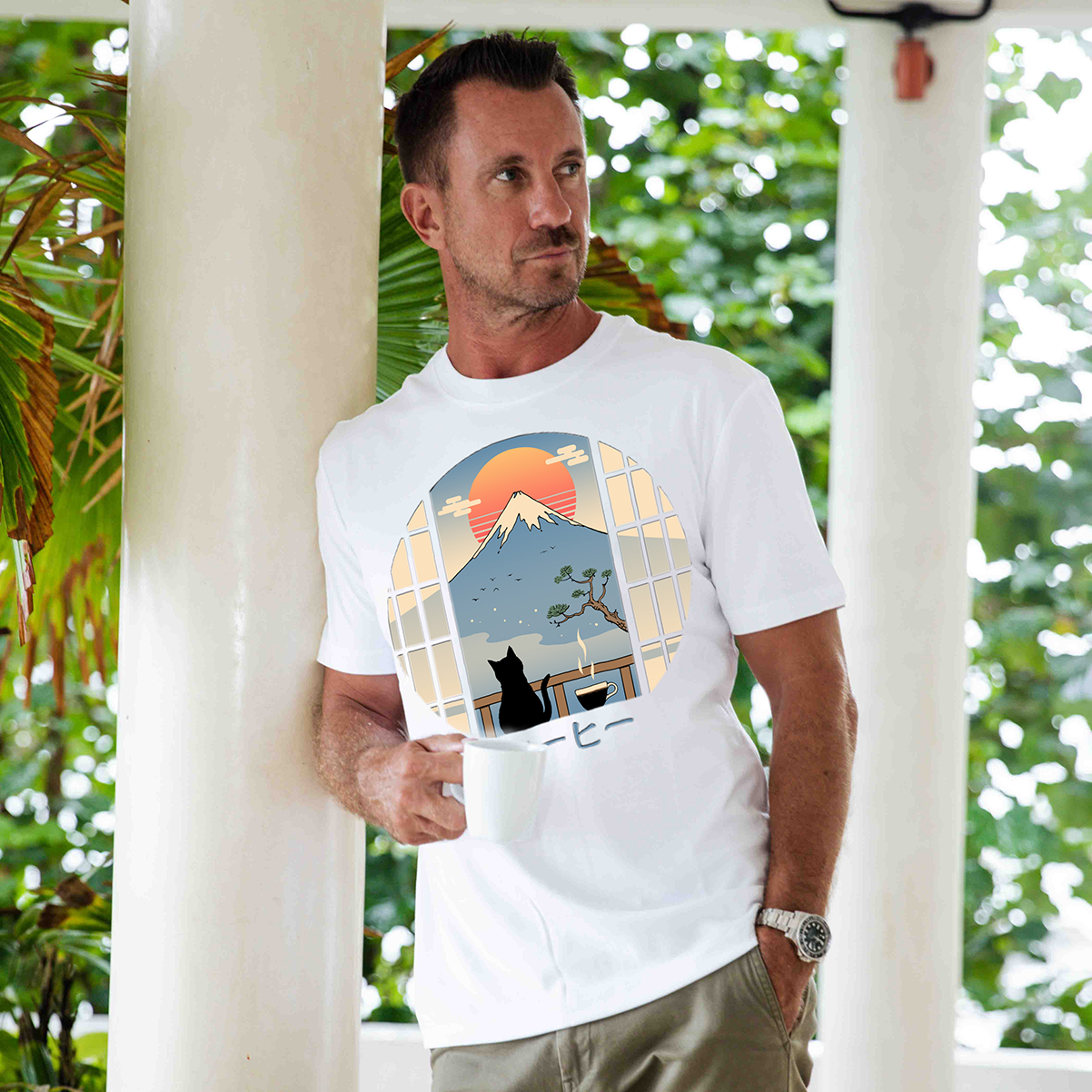 Hawaiian Tee For Men Coffee Cat in MT. FUJI Tee Crew Neck 100% Cotton - WHITE By Shawn